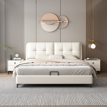 Oppein cbd leather bed light luxury double bed master bedroom 2024 new high-end atmospheric soft leather art bed oak bed board 3cm thick + smart bedside table*1 1500mm*2000mm