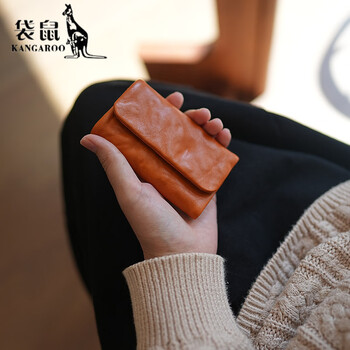Kangaroo (kangaroo) vegetable tanned cowhide wrinkled multifunctional genuine leather coin key bag mini large capacity zipper small key bag orange