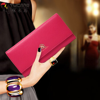 Woodpecker (tucano) soft cowhide three-fold ultra-thin large-capacity wallet internet celebrity fashion new genuine leather multi-card slot mobile phone large banknote wallet rose red