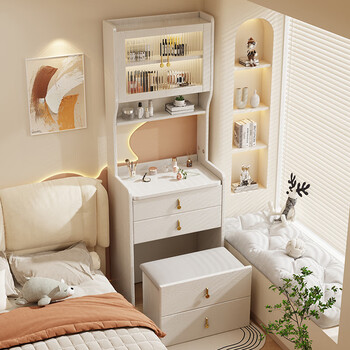 Ningzao solid wood dressing table and cupboard integrated bedroom light luxury flip dressing table bedside small desk storage cabinet with bookshelf ivory white # 60cm*40cm*180cm