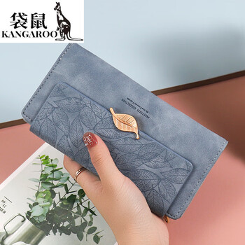 Kangaroo (kangaroo) women's wallet internet celebrity new retro frosted large capacity long wallet leaf clutch for women can hold mobile phone blue