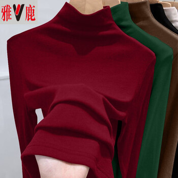 Yalu double-sided german velvet half turtleneck bottoming shirt for women, autumn and winter new style plus velvet thickened large size mid-collar long-sleeved top, burgundy l, suitable for 90-110 pounds