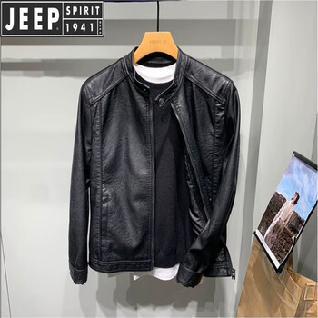 Jeep spirit jeep motorcycle leather jacket for young men in autumn new korean version trendy slim and handsome versatile stand-up collar riding leather black small size card size large xl 120-135