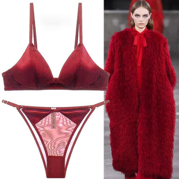 Victoria palace sexy wire-free bra, new thin bra, burgundy zodiac year thong bra set, red xl, default xl size underwear