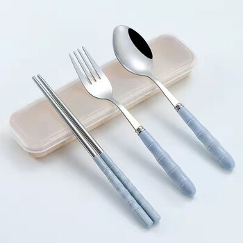 Ye yu stainless steel 304 portable tableware set chopsticks spoon fork single tableware for office workers nordic blue chopsticks+spoon+box