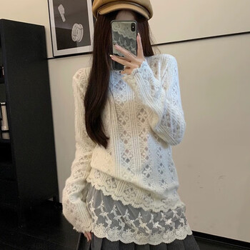 Jinshihui lace bottoming shirt for women that can be worn outside spring and autumn new tops for women sweet long-sleeved inner sweater blouse high collar lace bottoming shirt white l