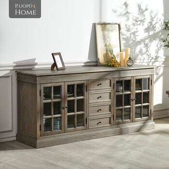 Ling yuxun american retro sideboard small apartment light luxury solid wood storage cabinet living room home cupboard storage cabinet wine 2 meters - weathered gray 4 doors