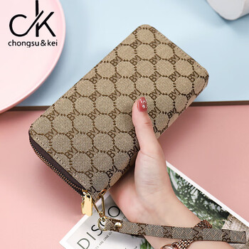 Chongsukei small&ck long wallet women's 2025 new jacquard large capacity fashionable double zipper clutch bag mobile phone bag jacquard brown