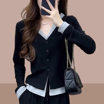 Miao yijia long-sleeved t-shirt for women in spring and autumn new style with v-neck bottoming shirt for women, fashionable style that can be worn outside, color matching fake two pieces, black and gray xl, recommended 115-130 pounds