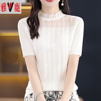 Yalu lace thin short-sleeved t-shirt women's 2025 new summer inner tops wool sweater bottoming shirt short knitted sweater white m