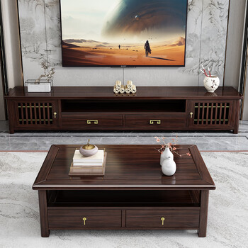 New chinese style solid wood tv cabinet and coffee table combination set living room slate ebony wood storage cabinet integrated side cabinet coffee table (ebony wood) package installation