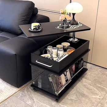Koala movable sofa side table living room light luxurious and high-level 2025 new sofa side cabinet lift folding trolley black cabinet + black slate mobile coffee table completely packaged and delivered to your home
