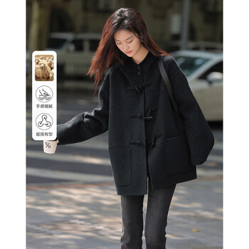 Demana hooded horn-buttoned woolen coat, winter hooded long-sleeved mid-length woolen coat for women
