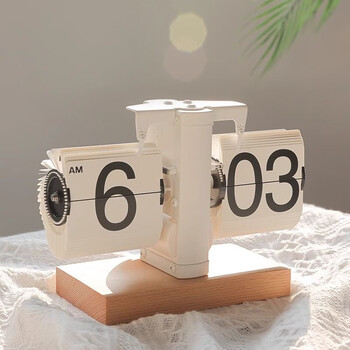Light lemon retro automatic page-turning clock alarm clock living room table clock student desktop mechanical clock table clock new year's day gift beech base white page