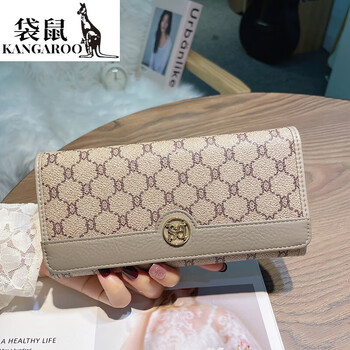 Kangaroo (kangaroo) luxury (chi) first-layer cowhide wallet for women, long card holder, simple niche design, large-capacity wallet for women, apricot color (10 card slots, first-layer cowhide)