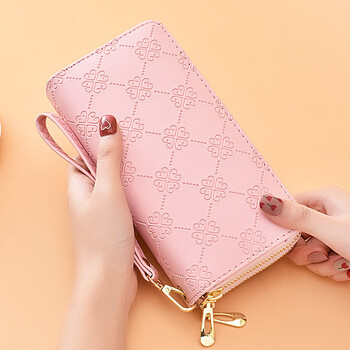 Kuqidaishu wallet women's long double zipper clutch large capacity double layer mobile phone bag frosted wrist strap wallet pink frosted