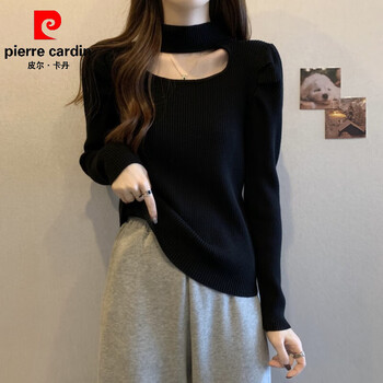 Pierre cardin knitted bottoming shirt for women, large size halter neck, half turtleneck sweater design, hollow collarbone top, autumn and winter korean style, black 4xl, recommended 150-165 catties