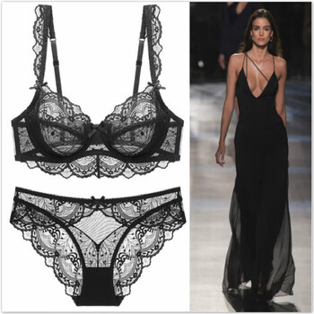 Victoria's elegant 2021 new big breast showing small underwear sexy transparent thin lace push-up large size bra set black 75b
