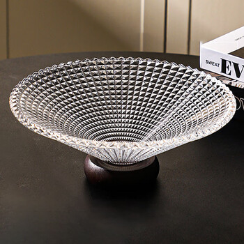 Qiaoyi fruit plate glass fruit plate living room high-end household high-value wooden base tall fruit plate coffee table snack display plate glass bamboo hat fruit plate 25cm