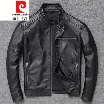 Pierre cardin first layer cowhide leather jacket men's short jacket pure leather large size motorcycle casual jacket single knitted black 2xl