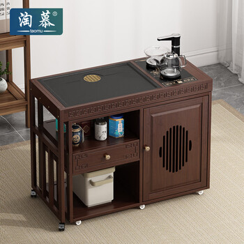 Taomu chinese mobile tea table household small tea table living room non-solid wood tea cart balcony coffee table kettle integrated tea cabinet walnut color rotating stone-proof tea tray + kettle on the bottom
