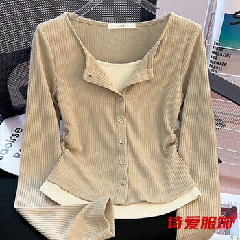 Dongjing contrasting color splicing fake two-piece single-row button long-sleeved t-shirt for women in spring and autumn pleated waist slimming bottoming top oatmeal color s recommended 70-90 pounds