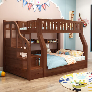Chenyueju children's bed and lower layer full solid wood double-decker high and low bed doraemon adult bunk bed ladder cabinet style (comes with brown mat*2+double drawers+bookshelf) top bunk width 130cm* bottom bunk width 150cm