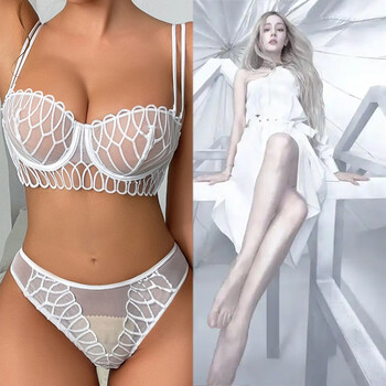 Victoria palace french comfortable underwear, sexy ultra-thin embroidered lace underwear, big breasts, small breasts, large size bra set, white 75b /34