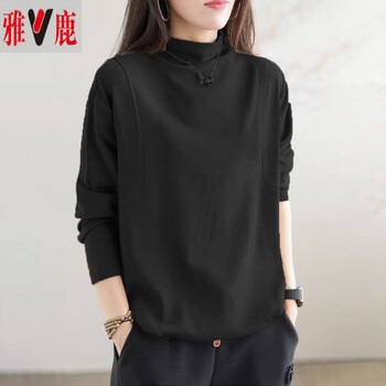 Yalu cotton half turtleneck t-shirt bottoming shirt large size pure cotton autumn and winter loose splicing versatile long-sleeved art t-shirt black solid color xl recommended 100-120 pounds