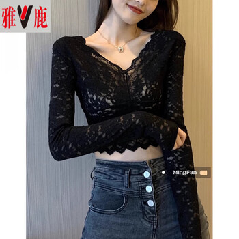 Yalu 2025 new women's clothing spring and autumn inner lace shirt slim shirt v-neck bottoming shirt long-sleeved shirt top black lace s