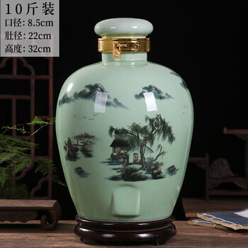 Jingdezhen ceramic wine jar 5/10/20/30 catties wine jar sealed wine jar household empty wine bottle cylinder with faucet 10 catties shadow green mountain water non-porous comes with base