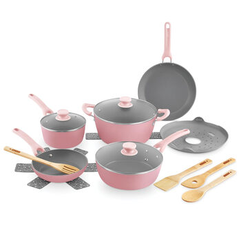 Dash 15-piece ceramic non-stick pan set, pink kitchen cooking set, suitable for all stoves