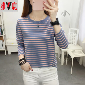 Yalu pure cotton striped long-sleeved t-shirt women's 2025 new spring and autumn loose large size women's bottoming shirt top blue single piece l recommended 105-120 catties
