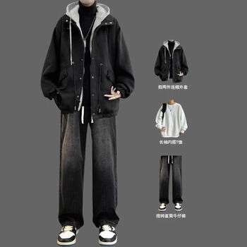 Star-catching boy boys three-piece suit autumn and winter loose woolen hooded fake two-piece jacket high street jacket with jeans h438 black + white long sleeve + 08 jeans black xl