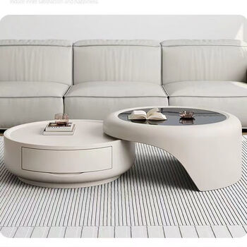 Zhuangyuan shihua tea house living room glass small apartment light luxury modern simple italian cream internet celebrity round tv cabinet combination cream style coffee table combination