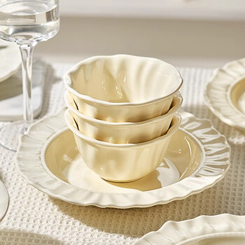 Persson underglaze cream style household ceramic rice bowl 2026 new high-looking plate and dish set noodle bowl soup bowl 4.5-inch lace bowl