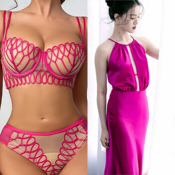 Victoria palace french comfortable underwear, sexy ultra-thin embroidered lace underwear, big breasts, small breasts, large size bra set, rose red 75b /34
