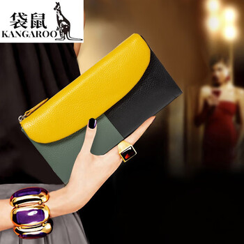 Kangaroo luxury (chi) pure cowhide long folding wallet women's fashion contrast color genuine leather three-fold banknote holder to hold mobile phone yellow hijab long style soft cowhide inside and outside