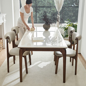 Yulinsen nordic white ice jade pure natural marble dining table home high-end rectangular pure solid wood legs luxury stone dining table and chairs 1.4 meters long table genuine pure natural marble