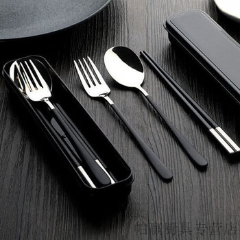Yeyu german stainless steel spoon, chopsticks and fork set to store portable tableware three-piece set for adult students at home, spoon + chopsticks + fork + storage box 4-piece set, european black