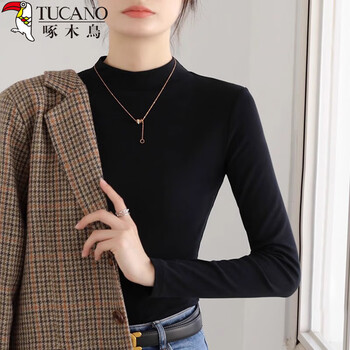 Woodpecker half turtle collar bottoming shirt for women 2025 new spring and autumn slim fit right shoulder style top black xl 110-120 jin