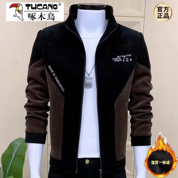 Woodpecker (tucano) corduroy jacket men's stand collar autumn and winter 2025 new stitched velvet thickened trendy top z04 black thickened velvet xl recommended 120-140 catties