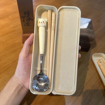 Ye yu's cute ins bear portable tableware three-piece set with good looks for students and children single spoon, chopsticks and fork set ins cream bear spoon + wooden chopsticks with free storage box