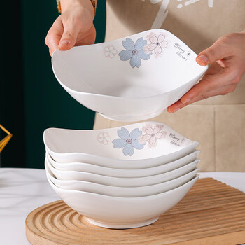 Huanjin sifang plate household ceramic plate tableware dish plate thickened anti-scald fruit plate soup plate rice plate cold dish plate salad plate (shuimu tsinghua) 8-inch square plate 4 pcs