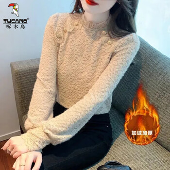 Woodpecker lace bottoming shirt women's top autumn and winter 2025 new inner wear for age reduction, beautiful and thickened velvet and versatile shirt 1023# khaki (full body velvet style) s