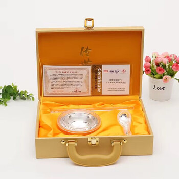 Old shanghai fengxiang silver bowl and chopsticks three-piece set baby silver tableware silver rice bowl chopsticks spoon recognition five blessings three-piece set leather gift box small size 1