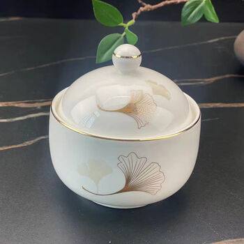 Enshousu ceramic water-proof stew pot with lid, shark fin, bird's nest, abalone, confinement restaurant, white porcelain buddha jumping over the wall soup pot, steamed egg dessert bowl, embossed ginkgo-4-inch auspicious stew pot