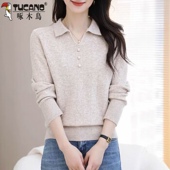 Woodpecker 2025 autumn new style sweater long sleeve women's fashionable western mom lapel top loose bottoming knitted beige 2xl recommended 120-130 catties