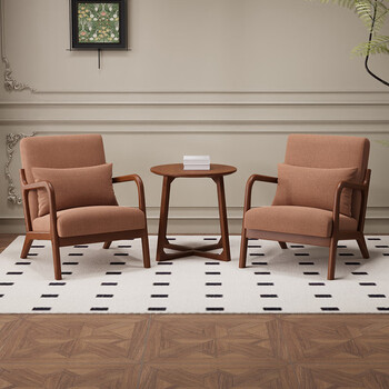 Japanese style bedroom balcony internet celebrity small apartment living room log lazy double chair single small sofa coffee table combination coffee color walnut cotton linen 2 single + v-leg round table