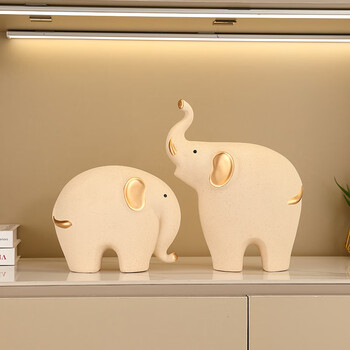 Junshi new year table decorations home decoration living room mascot ceramic elephant new house entrance wine cabinet sideboard high-end beige auspicious objects (bg005 beige two)